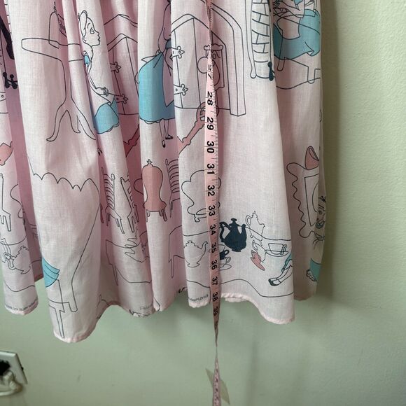 Cute Alice In Wonderland Print Pink & Blue Flowy Halter Top Apron Dress Zip SM - Picture 5 of 11